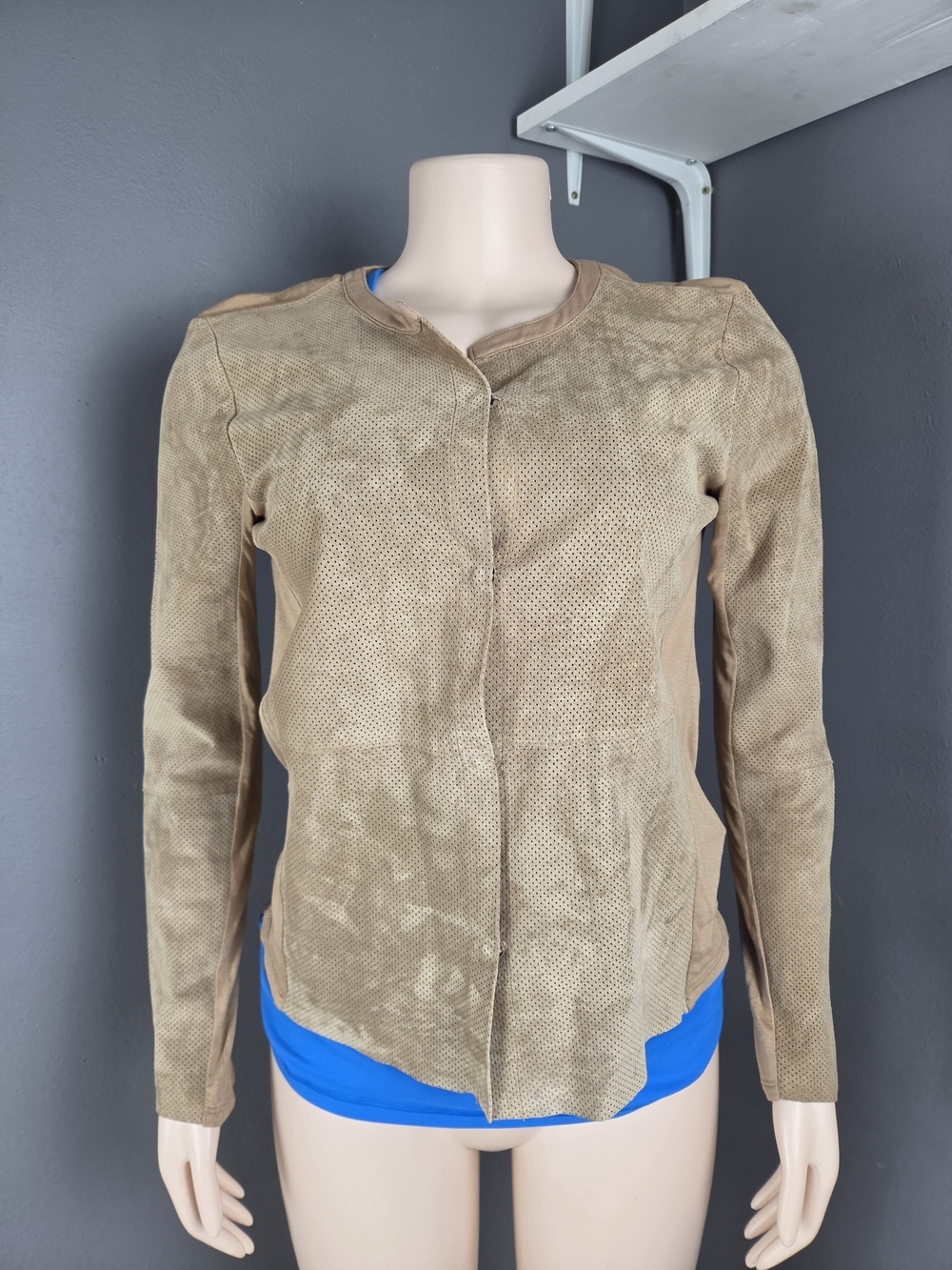 ecru Women's Perforated Tan Suede Collarless Jacket